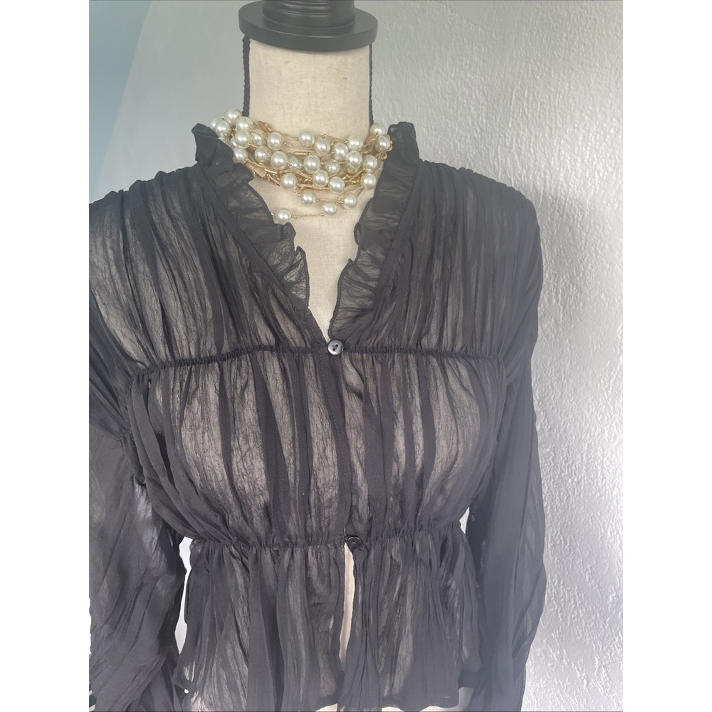 Commence NWT Bell With Ruffle Sleeve Black Chiffon Sheer Boho Blouse Size M - Picture 8 of 10